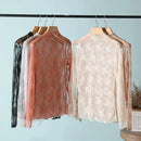 Sexy Lace Bottomed Blouse Women Long Sleeve Crop Top Sleeved High Neck With Hollowed Out Chiffon Foreign Style Sexy Mesh