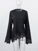 Lace Patchwork Women Blouse Long Sleeve O-neck Solid Belt Female Casual Tops Asymmetric Hem Elegant Office Ladies Streetwear