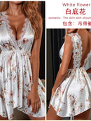 Vestido Feminino com Estampa e Alças de Cetim com Renda - Sexy Decote V Profundo Costas Abertas Elegante Verão