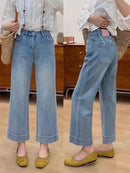 Women High Waist Wide Leg Pants Casual Loose Trousers Summer Solid Color Straight Fit Pocketed Ankle-Length Jeans