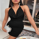 Vestido Mini Feminino Y2K com Halter e Vazado - Sexy Costas Abertas Decote V Festa Noite