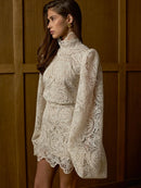 2026 New Women's Long Sleeve Design Fashion Openwork Lace Miniskirt Elegant Temperament Autumn Party Banquet Evening Dress