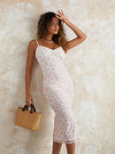 Vestido Feminino Floral sem Manga com Alças Finas - Festa Coquetel Praia