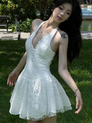 Vestido Feminino Branco com Renda Bordada e Halter - Sem Manga Costas Abertas Sexy Linha A Festa 2025