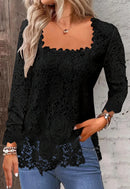 Lace Blouse Tee Shirt Women Vintage Top Solid Full Sleeve Square Collar Streetwear Ladies Casual Spring Summer Basic Tops 2025