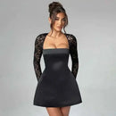Vestido Mini Feminino com Renda Patchwork e Cintura Franzida - Linha A Costas Abertas Sexy Festa Balada Outono Inverno