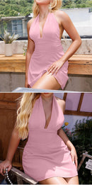Vestido Mini Feminino Sexy com Halter e Amarrão - Bodycon Sem Manga Costas Abertas Festa Clube 2026