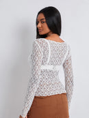 Women Lace Pullover TopS Retro Long Sleeve Round Neck See Through Solid Color Fitted T-Shirts Casual Blouse Streetwear Y2K 2000s