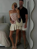 Vestido Mini Feminino Vermelho com Poa e Alças de Cetim - Sexy Sem Manga Costas Abertas Slim Praia Clube