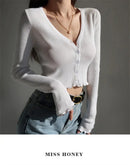 Sexy Knitted Cardigan V Neck Naked Navel Crop Tops Chic Fungus Hem Shirt Women's Spring and Summer Korean Versatile Y2k Sweater