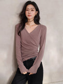 Elegant Ruched Cross V Neck Knit Top Slim Fit Long Sleeve Shirt for Women Chic Casual Early Spring Daily Base Layer Style Lady