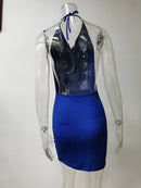 Vestido Mini Feminino Y2K com Halter e Vazado - Sexy Costas Abertas Decote V Festa Noite