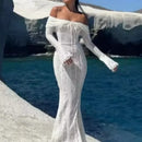 Vestido Longo Feminino com Estampa de Conchas e Manga Flare - Sexy Costas Abertas Renda Cor Sólida Gola Redonda