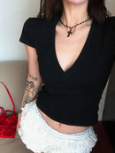 Camiseta Cropped Feminina Básica com Decote V e Manga Curta - Slim Sexy Cor Sólida Casual Streetwear Verão