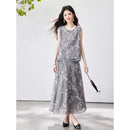 VIMLY Chinese Style Floral Print Skirt Set Women 2026 Summer Outfit Sleeveless Top Maxi Skirt Lady Two Piece Clothing Set A6121
