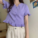 Camiseta Cropped Feminina de Tricô com Decote V e Manga Curta - Top Curto Casual Verão