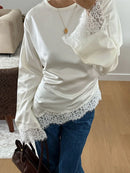 Lace Patchwork Women Blouse Long Sleeve O-neck Solid Belt Female Casual Tops Asymmetric Hem Elegant Office Ladies Streetwear