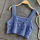 Women Crochet Sleeveless Crop for Tank Top Retro Knit Plaid Square Neck Sweater 6XDA