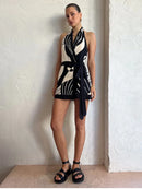 Vestido Bodycon Feminino com Estampa e Halter - Sexy Decote V Costas Abertas Slim Festa Clube