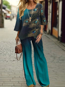Fashion Top Pants Set Women O Neck Half Sleeve Printed Shirts Solid Color Wide Leg Long Pant Female Spring Clothing