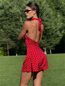 Vestido Mini Feminino com Poa e Halter - Ombro Frio Sexy Costas Abertas Festa Clube