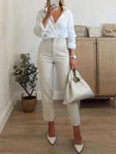 High Waist Solid Pants for Women Casual Basic Ankle Trousers with Pockets Zipper Fly Office Wear Pants Pantalones Mujer