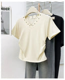 Women's V-Neck Rivet Detail Ruched Short Sleeve T-shirt Casual Slim Fit Crop Top