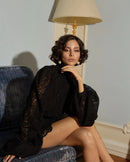 2026 New Women's Long Sleeve Design Fashion Openwork Lace Miniskirt Elegant Temperament Autumn Party Banquet Evening Dress