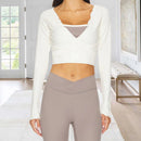New Women Crop Wrap Tops Solid Color Tie up Hem V-Neck Fitted Long Sleeve Shirt For Club Streetwear Aesthetic Clothes S M L