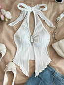 Sexy V-neck Halter Neck Crop Top for Women Summer Sleeveless Solid Split Backless Top Y2K Clothes