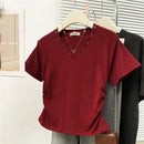 Women's V-Neck Rivet Detail Ruched Short Sleeve T-shirt Casual Slim Fit Crop Top