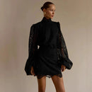 2026 New Women's Long Sleeve Design Fashion Openwork Lace Miniskirt Elegant Temperament Autumn Party Banquet Evening Dress