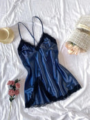 Camisola Feminina Sexy com Renda e Decote V - Pijama Curto de Seda Costas Abertas Lingerie Noite