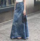 Floral Denim Midi Skirt for Women in Summer  Thin and High Waisted A-line Long Skirt  Loose and Slimming  Big Swing Skirt