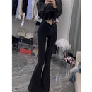 Fashion V High Waist Black Flare Pants Women 2025 Summer Korean Slim Fit Wide Leg Trousers Ladies Streetwear Bell Bottom Pants