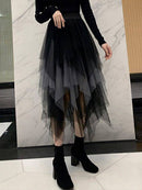 Women's Midi Skirt, Elegant Elastic Waist Contrast Color Autumn Tulle Skirt, Suitable for Street Party
