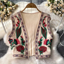 Vestê Feminino de Crochê com Bordado Floral e Decote V - Vintage Folk Tricô Primavera Outono