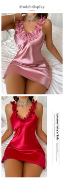 Camisola Feminina Sexy de Cetim com Renda e Decote V - Pijama Slip Dress Verão