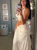 Women's Sexy Party Top Skirt Sets  V Neck Pleated Hem Halter Vest Low Waist Slim Fit Long Skirt 2026 New Lady Beach Dresses
