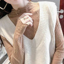 Sexy Lace Bottomed Blouse Women Long Sleeve Crop Top Sleeved High Neck With Hollowed Out Chiffon Foreign Style Sexy Mesh