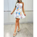 Vestido Mini Feminino Floral com Ombro Frio e Franzido - Férias Verão