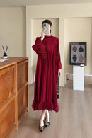 Miyake Pleated Dress Women's 2025 New High-end Solid Color Round Neck Bell Sleeves Ruffled Waist Design Elegant Pleated Skirt