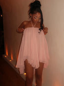 Vestido Mini Feminino Y2K com Halter e Franzido - Ombro Frio Costas Abertas Barra Irregular Sexy