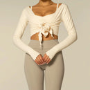 New Women Crop Wrap Tops Solid Color Tie up Hem V-Neck Fitted Long Sleeve Shirt For Club Streetwear Aesthetic Clothes S M L