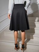 Women's Elegant High Waist Flared Midi Skirt with Bow Belt, Inclusive Fit, Stretch Knit Fabric, Versatile for Office and Party W