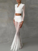 Women Pleated Elastic High Waist Fashion Evening Party Trousers See Through Mesh Pleated Flare Pants 2025 Summer Gown Chic Pants