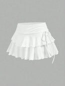 Pleated Mini Skirt Women Solid Color Sexy Folds Drawstring Leace-up Simple All-match Short Skirts Fashion Hot Girl Streetwear