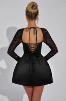 Vestido Mini Feminino com Brilho e Manga Longa - Sexy Costas Abertas Amarrão Cintura Alta Clube Festa