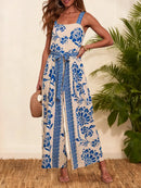 Macacão Feminino Boho Floral com Alças Finas e Perna Larga - Praia Férias Verão