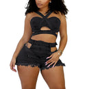 Sexy Jean Women Short Sets Straps Denim Crop Top and Cut Out Shorts Set 2025 Summer Clothes Streetwear Two 2 Piece Club Outfits